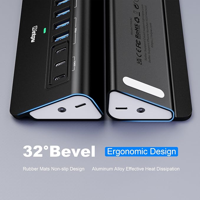 Powered USB Hub 10Gbps,intpw YH6AC 9-Port USB Splitter with USB A/USB C 3.2, 4 USB 3.0, 2 PD 45W Charging Ports, 65W Power Adapter and 3.3FT Cable, Aluminum Black USB Hub for Laptop/PC,iPhone 16/15