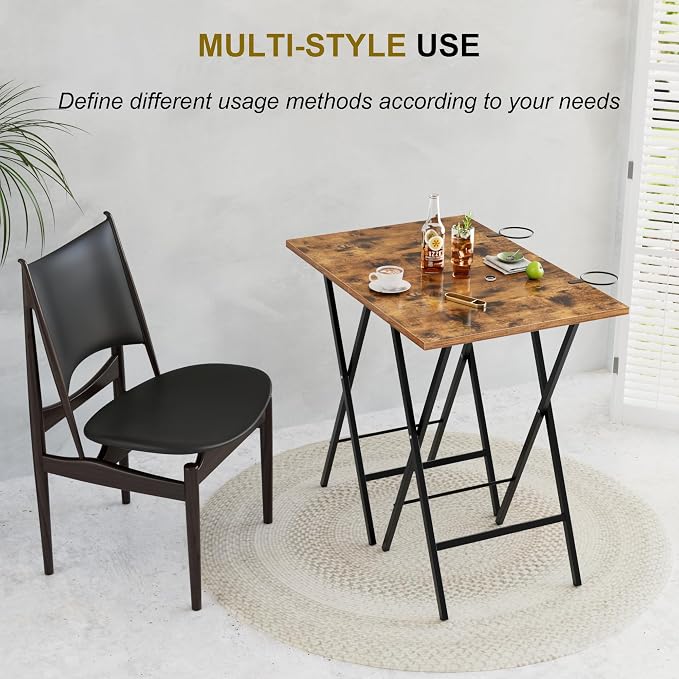 VECELO Folding TV Tray for Eating Set of 2, Portable Dinner/Snack Table with Cup Holder for Couch, Living Room and Small Space, Antique Brown