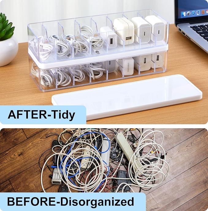 Tatuo 4 Pcs Cord Organizer for Drawer Desktop, Cable Organizer Box with 8 Compartments and Wire Ties, Plastic Charger Storage with Lid, Electronics Case for Home Office Accessories (Small,Clear,White)
