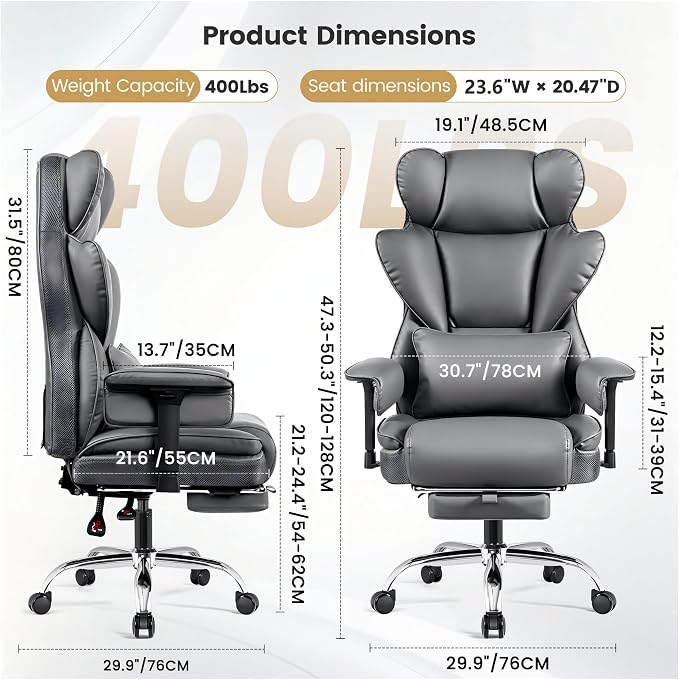 Office Chair 400 LBS, Heavy Duty High Back Executive Desk Chair | 23.6" Extra-Wide Seat with Footrest for Big & Tall Users, Ergonomic Lumbar Support, 165° Recline, Padded Arms, Gray, 2 Pack