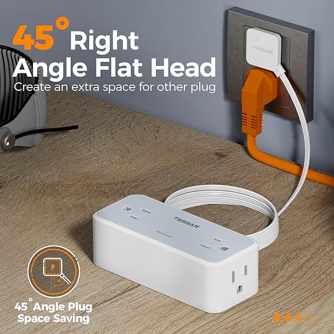5FT Flat Extension Cord, TESSAN Surge Protector Power Strip with 4 Widely Spaced AC Outlets, 900 Joules Surge Protection, Ultra-Thin Flat Plug Desk Charging Station for Home Office Dorm Essentials