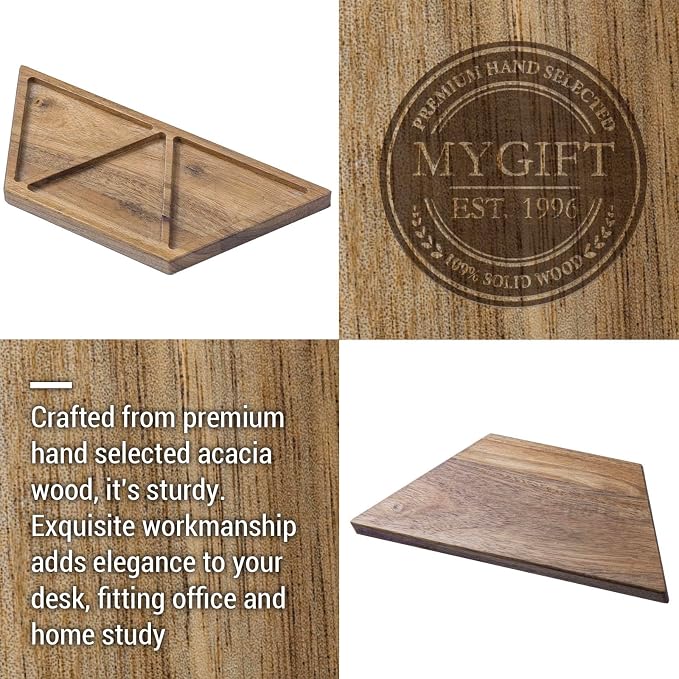 MyGift Modern Concrete Desk Organizer Set with 3 Triangular Gray-Tone Pen Holders and Acacia Wood Tray, 4-Piece Office Storage Solution for Pens, Pencils, and Supplies