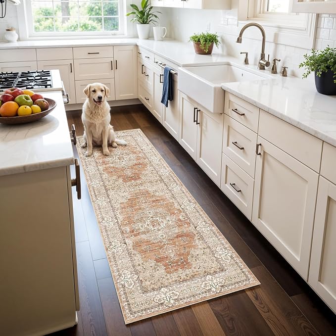 2x6 Runner Rug for Hallway Washable: Non Slip Kitchen Rugs with Rubber Backing Soft Waterproof Mats Stain Resistant Indoor Vintage Carpet Runner for Bedroom Bathroom Laundry Entryway Brick/Terracotta