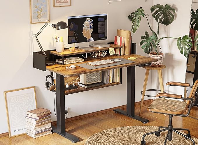FEZIBO 55" Electric Standing Desk with Shelves, 55x24 Inches Sit Stand Rising Computer Desk with Monitor Shelf, Home Office Desks with Hook, Adjustable Height Stand Up Workstation Table, Rustic Brown
