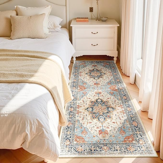 RELEANY Area Rugs Runner 3'x6' Washable Non-Slip, Floral Vintage Distress Medallion Carpet for Kitchen Hallway Bedroom Beside Laundry Room Bathroom, Beige Navy Blue Orange Colorful