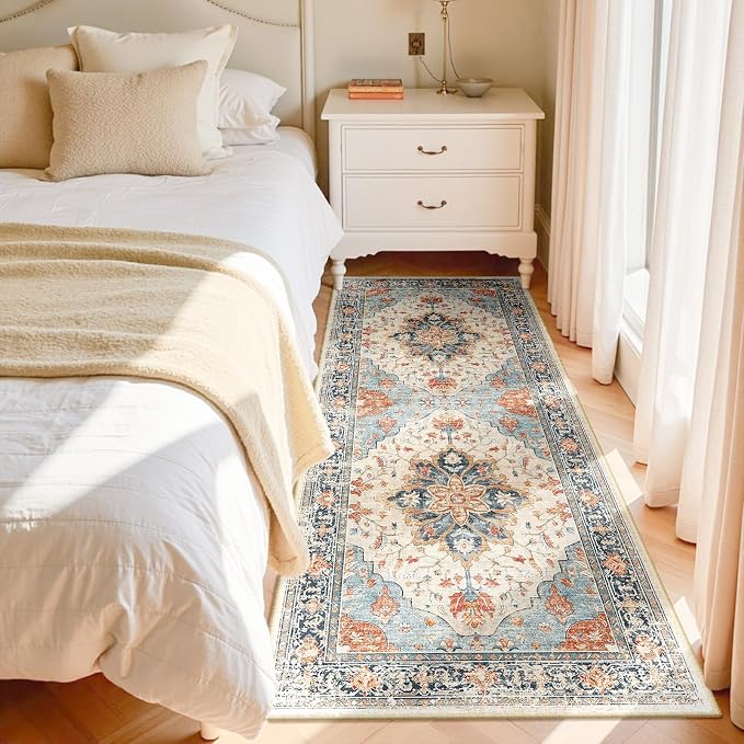 RELEANY Area Rugs Runner 3'x8' Washable Non-Slip, Floral Vintage Distress Medallion Carpet for Kitchen Hallway Bedroom Beside Laundry Room Bathroom, Beige Navy Blue Orange Colorful