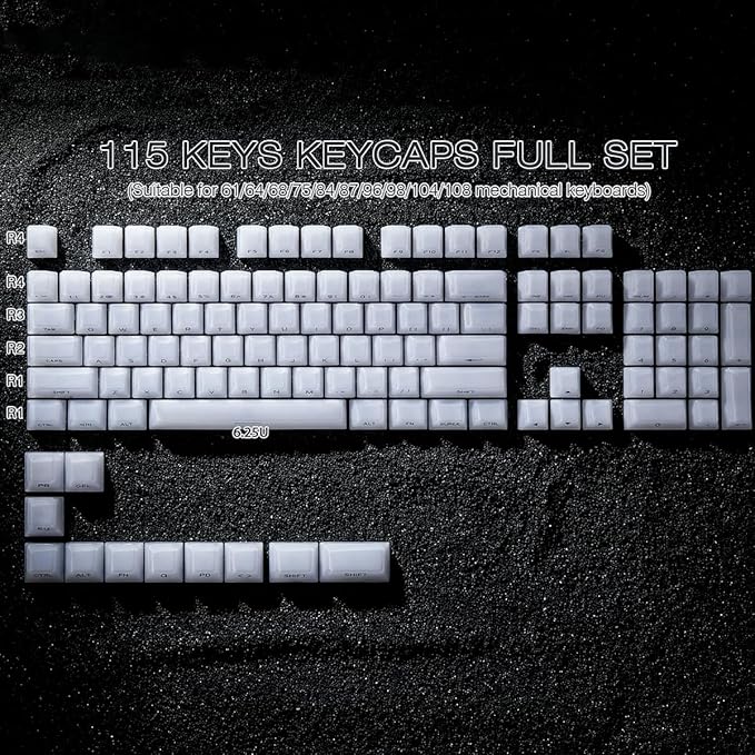 White Jelly Keycaps - Ceramic Style, Clear Translucent Crystal Keyccaps | Tsungup 119 Keys Side Print Custom Key Caps Keyboard Keycap Set for 60%,65%,75%,100% Mechanical Keyboards(MDA Profile)