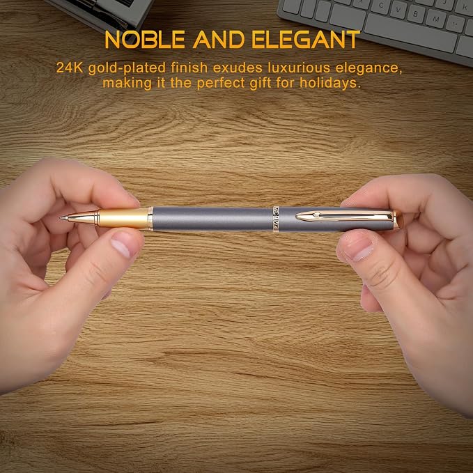 ZHKUVE Luxury Rollerball Pen, Stunning Gray Lacquer with 24K Gold Trim, Switzerland Tip with Black Ink Refills, Elegant Gift Set for Men & Women, Executive Writing