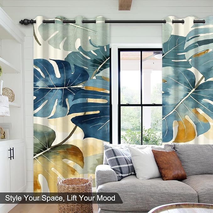 Blackout Curtains for Bedroom and Living Room, Grommet Thermal Insulated Room Darkening Bedroom Curtains, Monstera Leaves Drapes 84 Inch Long 2 Panels Set Light Filtering Reduce Noise Protect Privacy