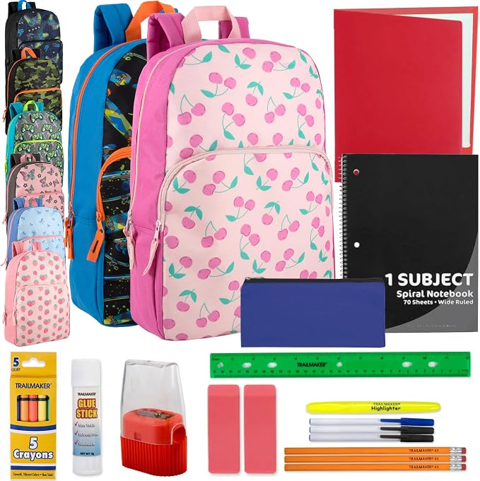 Trail maker 24 Pack Bulk Backpacks with School Supplies for Kids | 20 Piece Back to School Supply Kits and Backpack Sets