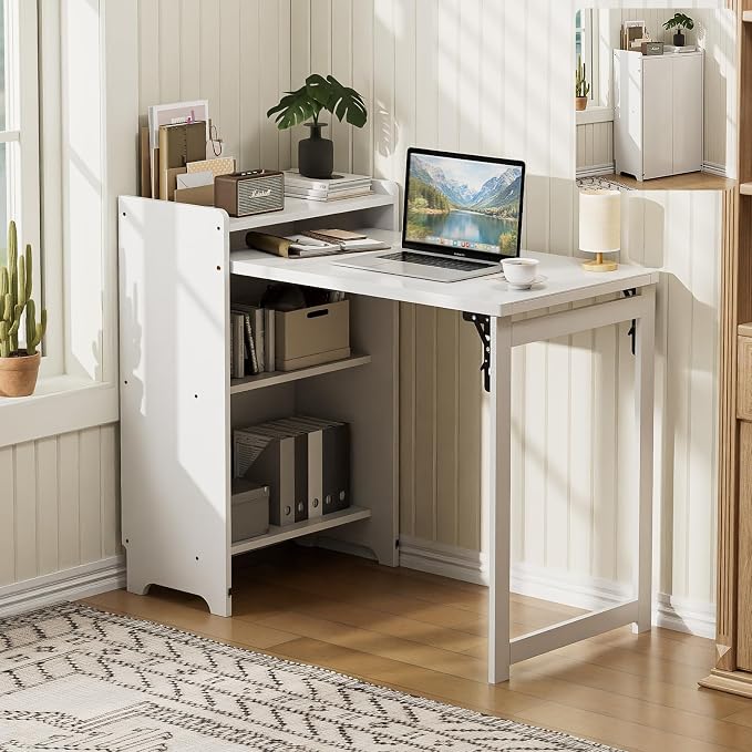 Bamboo Folding Desk with Storage, Space-Saving Foldable Computer Desk for Small Spaces, Writing Study Table for Home Office, Bedroom, Dorm, Apartment,Dark Brown