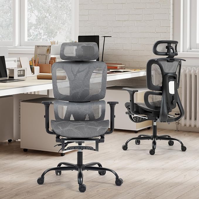 ECOTOUGE Grey Mesh Ergonomic High Back Office Chair with Footrest | Adjustable Lumbar Support, Headrest, Armrests, Reclining, Swivel, Rolling Casters, Sturdy Base, for Home Office & Gaming