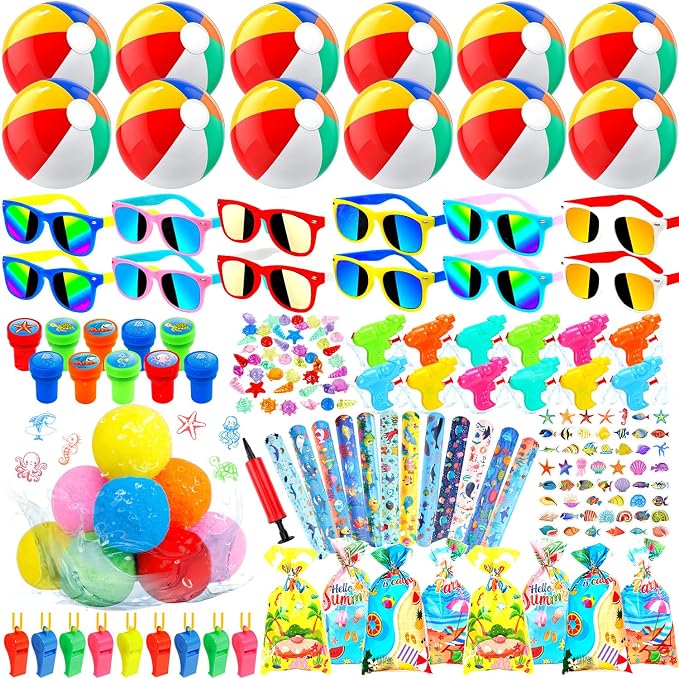 182 Pcs Pool Party Favors Beach Party Favors, Summer Goodie Bag Stuffers for Kids 3-8 8-12 with Beach Balls, Sunglasses, Water Balls for Summer Birthday Party Favors