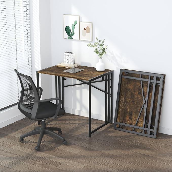 Lutown-Teen 32 inch Small Folding Computer Desk, Writing Gaming Computer Desk for Small Spaces, No Assembly Required Home Office Desk, Rustic Brown