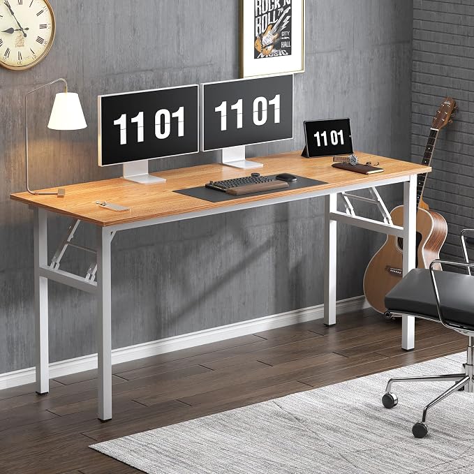 sogesfurniture Foldable Computer Desk 62 inches, Modern Large Folding Sturdy Laptop Workstation for Home Office, No Assembly Portable Study Table Writing Gaming Desk for Small Spaces, Teak White