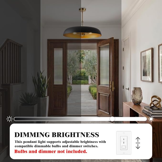Large Pendant Lights Kitchen Island 20.4in, Black Gold Dining Room Fixture | 3-light hanging dome chandelier, modern all-metal frame, adjustable 18-54in downrod, E12 40W base, for over table bar cafe