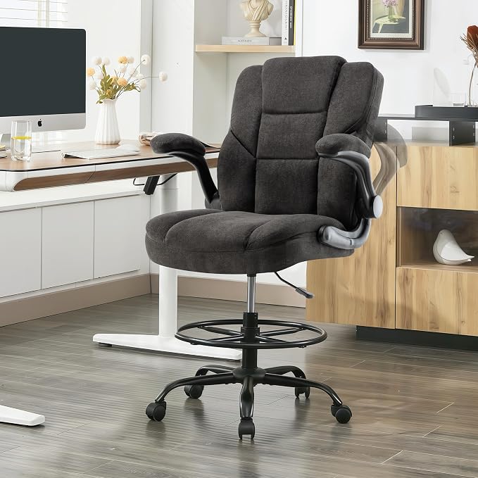 Drafting Chair 500Lbs, Tall Office Chair for Standing Desk, Fabric Executive Office Chair with Flip-up Armrests, Ergonomic High Chair with Adjustable Foot Ring, Comfy Stool Chairs, Black