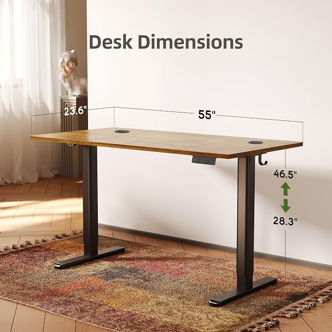 INNOVAR Electric Standing Desk, Adjustable Height Stand up Desks, 55 x 24 Inches Sit Stand up Desk for Home Office Computing, 3-Preset Memory Height Ergonomic Rising Desks, Rustic Brown