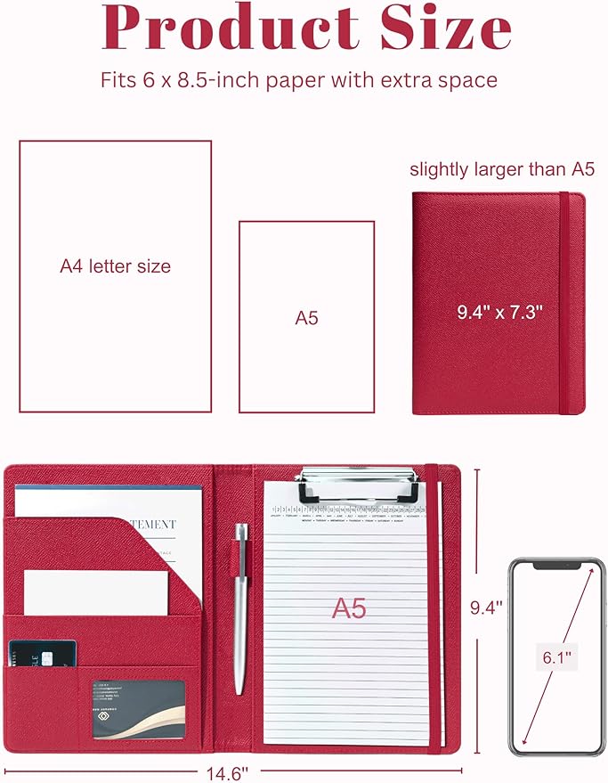 Mymazn Junior Padfolio Portfolio Folder, Small A5 Clipboard with Cover for 5'' x 8'' Writing Pad Notepad Holder for Business Office Men Women (Red)