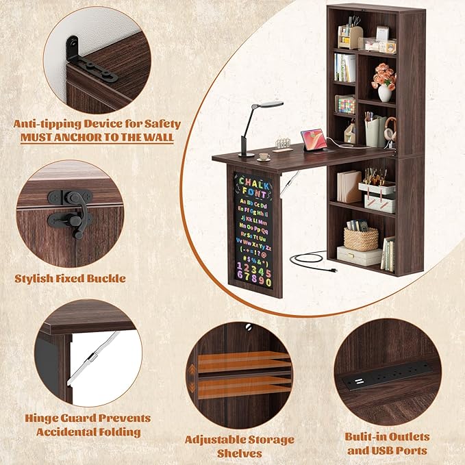 Armocity Small Folding Desk with Outlets, Convertible Writing Desk for Small Spaces/Home Office/Craft Room, Multi-Function Desk Workstation with Blackboard, Fold-Out Cabinet Table, Black Walnut