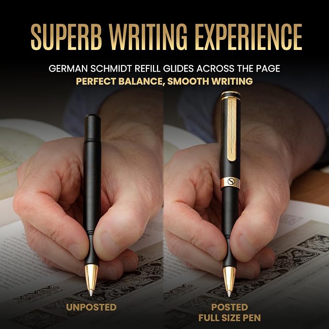 Scriveiner Black Rollerball EDC Luxury Pen, Stunning Pocket Roller ball with Real Gold Finish, Great Gift for Men & Women with German Schmidt Refill, Nice Present, Fancy Office Designer Pen