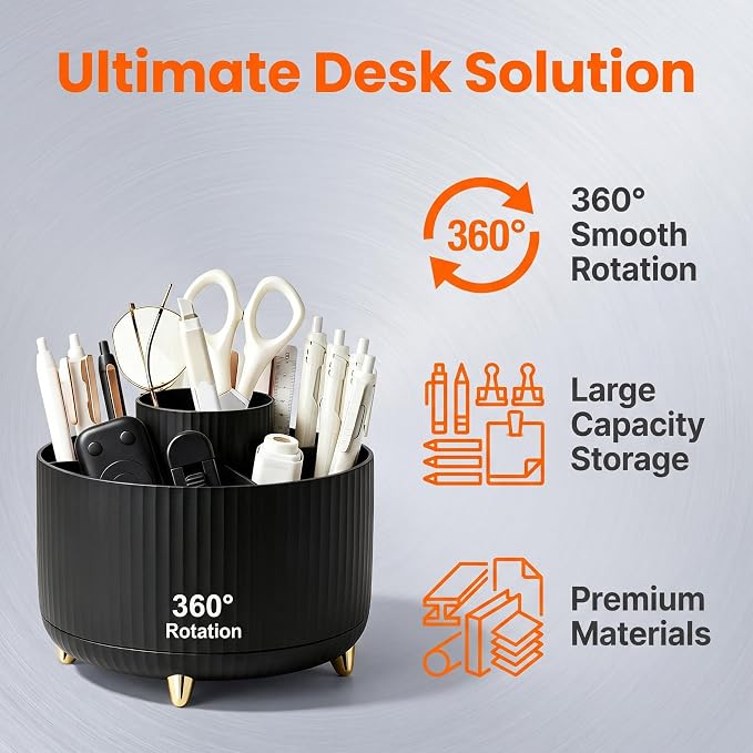 Office Supplies Rotating Pen Holder for Desk with Stapler Staple Remover, Tape Dispenser, Tape Refills, Binder Paper Clips Kit, Scissor,Pen, Ruler & Sticky Tabs,White Office School Supplies(Black)