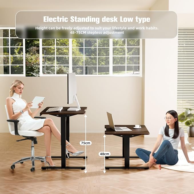 ERGOMAKER Low Height Adjustable Desk with Lockable Wheels, Lifts 18.9"-29.5", 31.5" x 23.6" Electric Small Standing Desk with Splice Board for Home Office & Short People(Black Frame, Walnut Desktop)