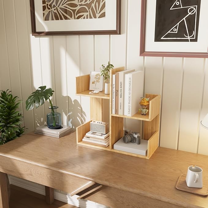 Modern 2-Tier Desk Bookshelf, Short Book Organizer, Display Shelf & Desktop Storage Rack, Space-Saving Desk Bookshelf for Books, Decor & Small Items, Natural
