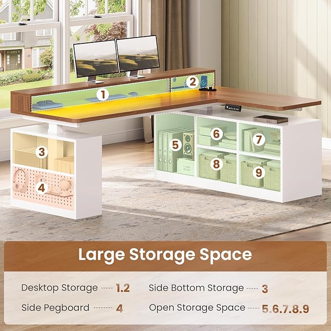 SEDETA L Shaped Electric Standing Desk, 63 inch Gaming Computer Desk with Storage Shelves and LED Lights, Height Adjustable Office Desk with Power Outlet and Pegboard, Brown Desktop