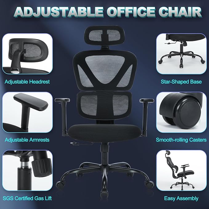 MALOL Ergonomic Office Chair with Adjustable Headrest & 3D Armrests, High Back Mesh Desk Chair with Lumbar Support, Reclining Lock 97°-125°, Swivel Computer Task Chair for Home Office, 300 LBS