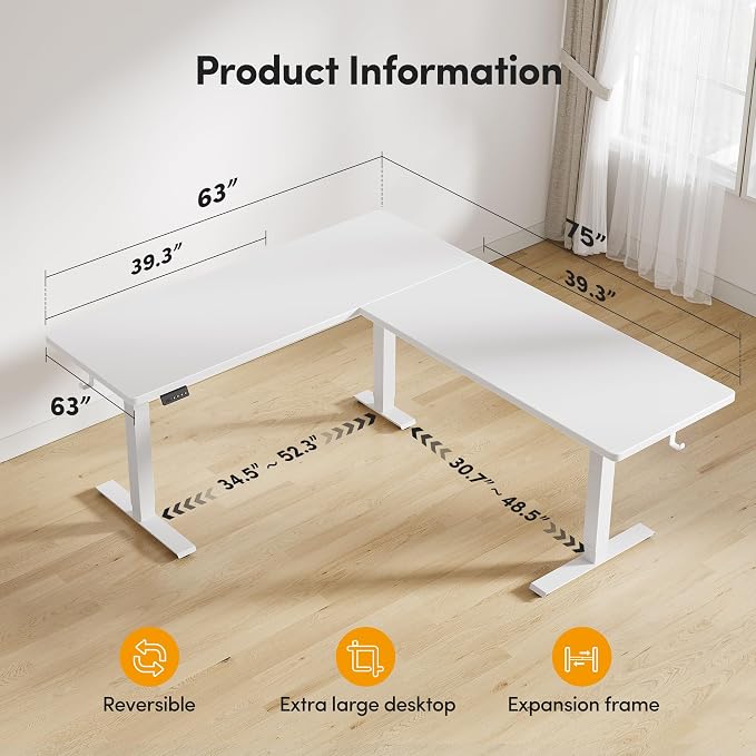 CubiCubi L Shaped Standing Desk 75 x 63 Inch Adjustable Height, Electric Corner Desk, Sit Stand Home Office Desk with Splice Board, White(2 Packages)