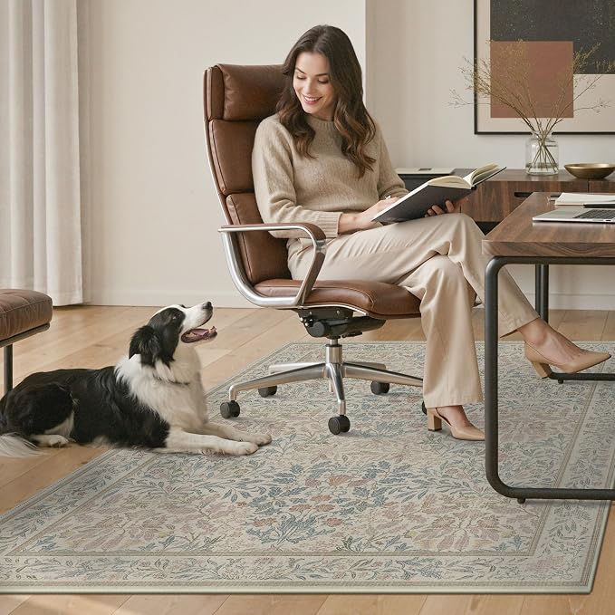48"x72" Office Chair Mat for Hardwood Tile Floor, Under Desk Carpet Protector for Rolling Computer Chair Mat, Machine Washable Area Rug, Anti-Slip 1/5" Thick Low Pile Thin Vinyl Floor Mat, Beige Pink