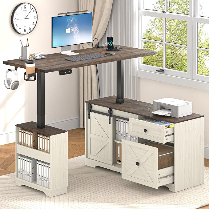 St.Mandyu L Shaped Electric Standing Desk 55" White with Power & Storage | File drawer, sliding door cabinet, cup holder, height adjustable, sturdy wood frame, home office for work/study/writing