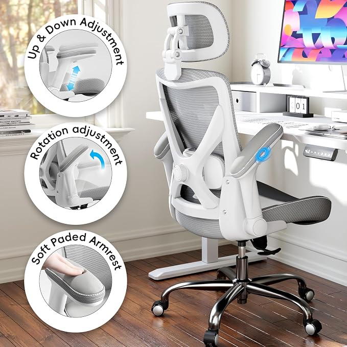 Ergalithic Ergonomic Office Chair-Computer X-Shaped Chair Mesh PU Leather with Adjustable Lumbar Support-Executive Desk Chair High Back with Headrest Flip-Up Arms for Long Hours (White-Grey)
