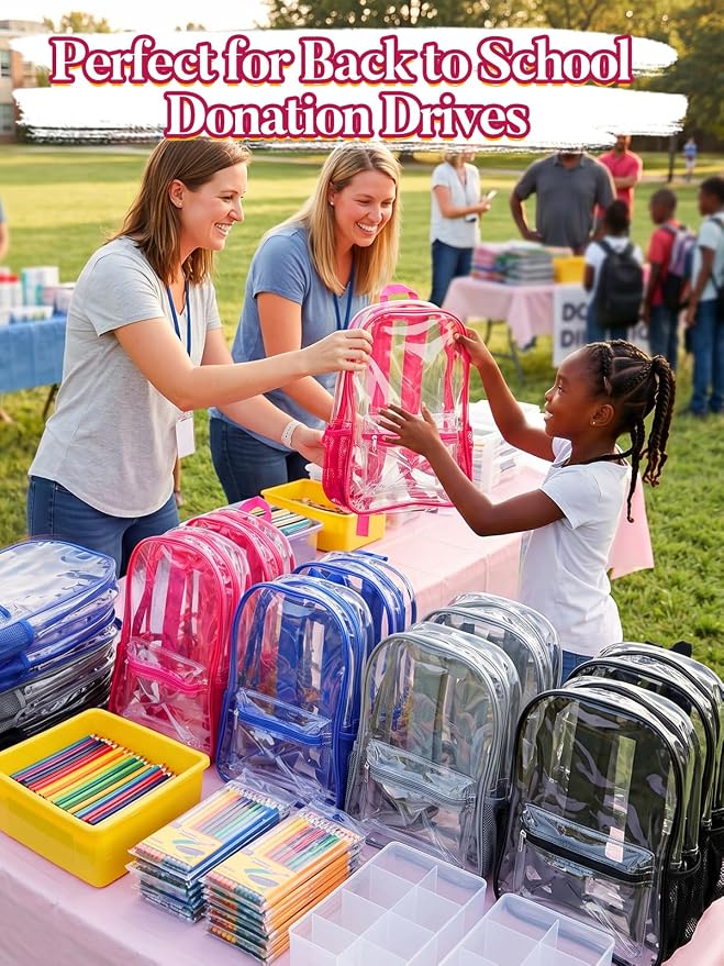 MADHOLLY 12 Pack Bulk Clear Backpack for School - 17" Large Transparent Bookbag for Kids/Girls/Boys/Charity/Stadium/Back to School Supplies, with Front and Side Bottle Pockets