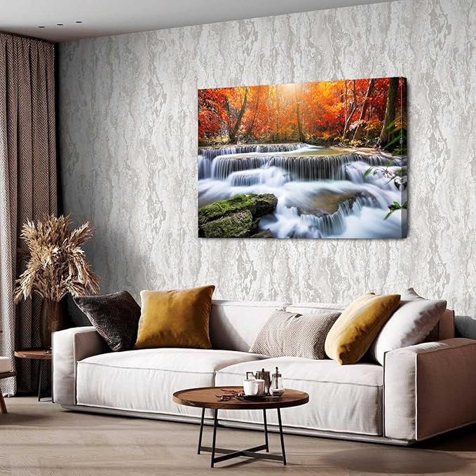 Nature Sunset Landscape Large Wall Art Living Room National Park Forest Picture Wall Decor Waterfall Scene Poster Prints Retro Maple Trees Photography Artwork for Living Room Kitchen Decoration 32x48