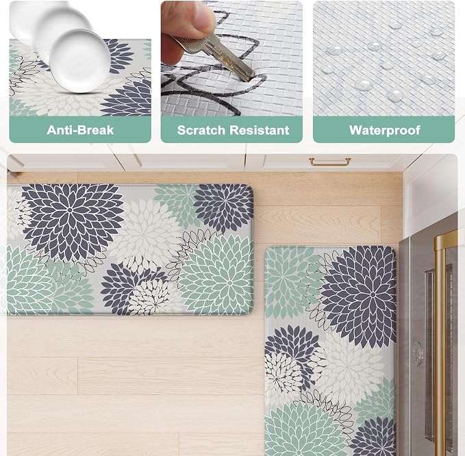 KIMODE Anti Fatigue Kitchen Mat 2PCS Kitchen Mat for Floor Cushioned | 17"x47"+17"x29",Dahlia Floral,Red, Farmhouse Floor Mats set of 2,Non Slip,Waterproof,Comfort Mat for Sink Office Laundry home