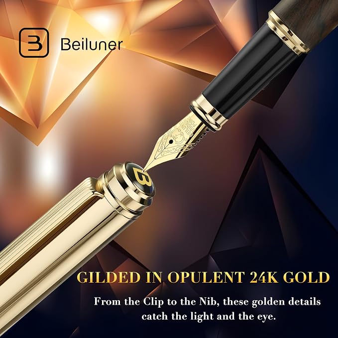 BEILUNER 316 Fountain Pen,Stunning Luxury Blackwood,24K Gilded Nib(Fine),Gorgeous 24K Gold Finish, Ink Converter,Fancy Gift for Men&Women-Elegant,Executive,Graduation Pens for Writing, BK-F