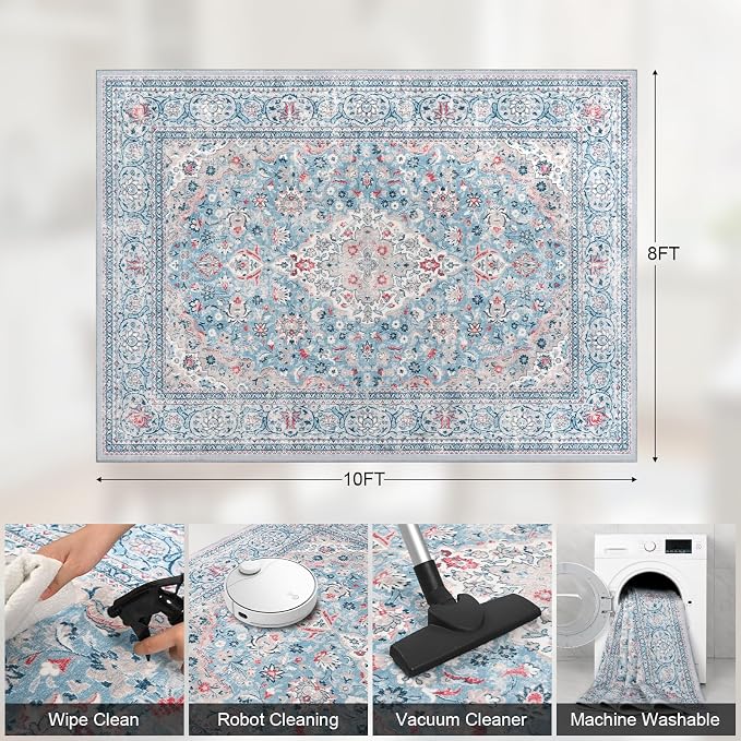 Blue Washable Vintage Non Slip Area Rug, 8x10 Boho Floral Living Room Rugs, Soft Low Pile Indoor Mat, Aesthetic Pattern Carpet for Bedroom Kitchen and Dining Room