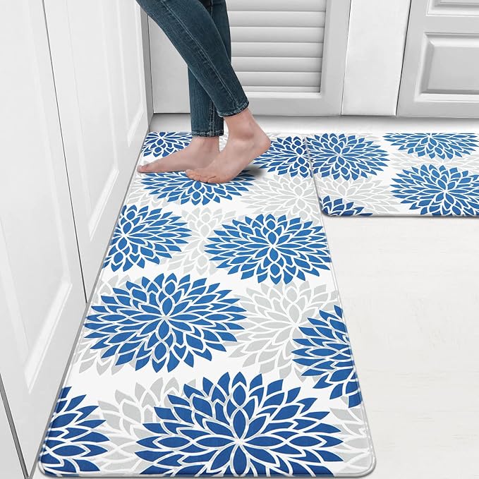 HEBE Anti Fatigue Kitchen Rugs Set of 2, Cushioned Kitchen Mats for Floor | Non Slip Washable Kitchen Runner Rug Set, Floral Stain Resistant Waterproof Comfort Mat Carpet for Sink, Standing Desk
