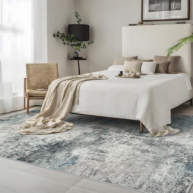 Washable Abstract Area Rug 3x5 - Rugs for Living Room Large Non Slip Indoor Entryway Rubber Backing Carpet Bedroom Kitchen Distressed Stain Resistant Floor Decor Mat Machine Washable 3x5 Blue
