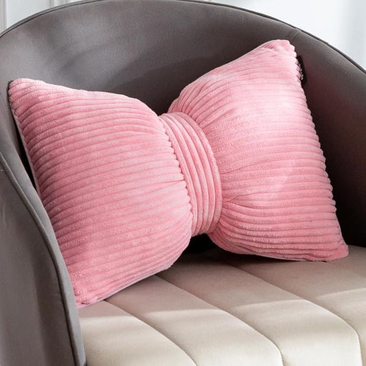 HIGOGOGO Lumbar Support Pillow for Recliner Chair, Bow Knot Shaped Back Support Cushion, Striped Corduroy Soft Decorative Lumbar Pillow for Office Chair, Sofa, Car, Bed, Living Room - Pink