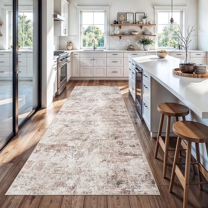 RUUGME 4x12 Runner Rug for Hallway: Washable Non-Slip Long Wide Carpet Runner for Kitchen Entryway - Abstract Low-Pile Thin Throw Floor Mat for Modern Farmhouse Decor (4x12 Beige-Brick)