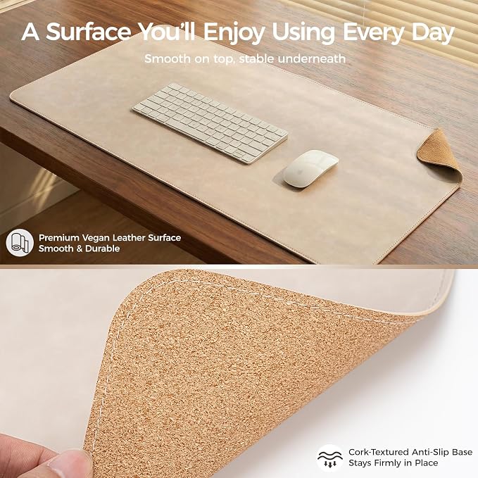 Premium Faux Leather Desk Mat & Tray Set，Innovative Cork-Look Printed Base，Gift Tube Packaging，Full-Desk Coverage，Non-Slip Desk Pad for Office Home（Warm Beige）
