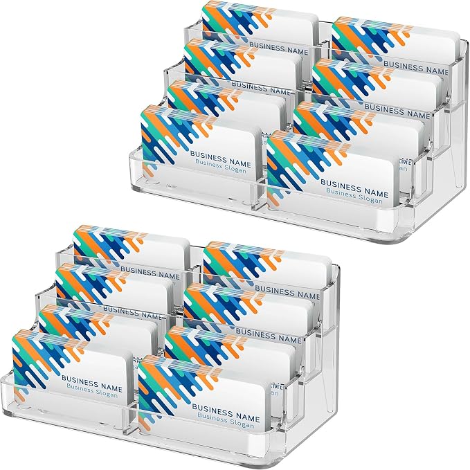 MaxGear 2 Pack Acrylic Business Card Holder, Card Display Stand, 8 Pockets | 4-Tier Freestanding Design, Clear Acrylic Construction, Fits Standard Business Cards for Reception, Office and Countertops