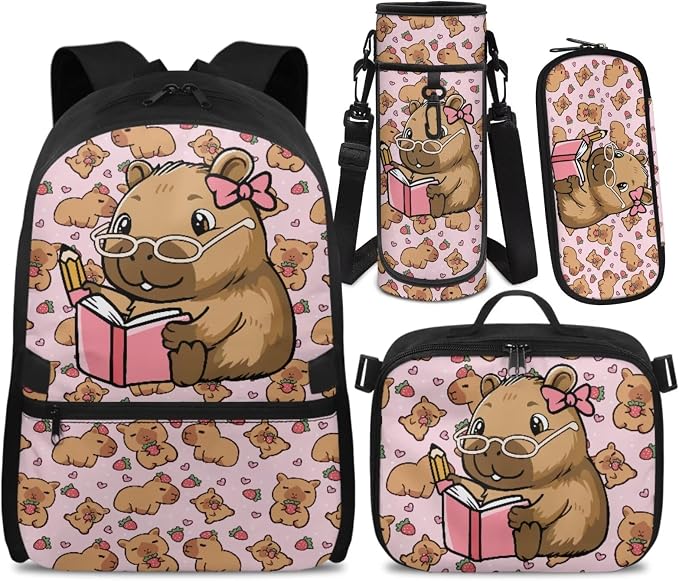 Doojoayie Strawberry Capybara 3rd Grade Backpack for Girls Casual Kawaii Girls Backpack with Lunch Box 17 inch Lightweight Bookbag with Heavy Duty Zippers for Daily School Needs Book Theme