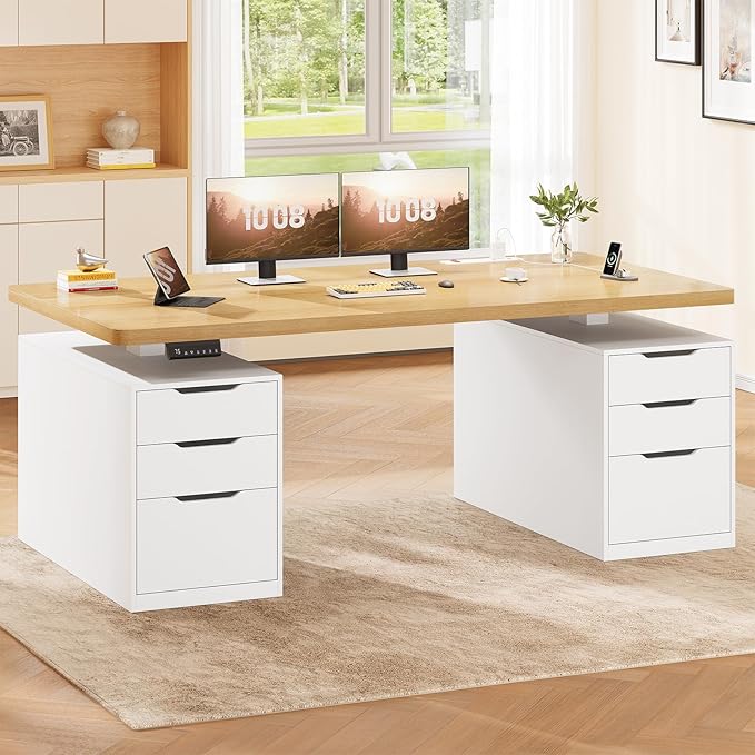 SEDETA 55" Electric Standing Desk with 6 Drawers, Adjustable Stand up Desk with Storage, Computer Desks with Power Outlets for Home Office, White + Oak