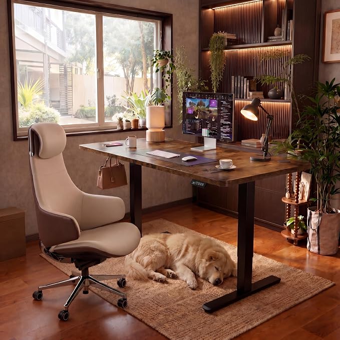 Furmax 48 Inches Electric Height Adjustable Standing Desk Home Office Desk | Large Sit Stand Up Computer Desk Memory Preset with T-Shaped Metal Bracket, Brown