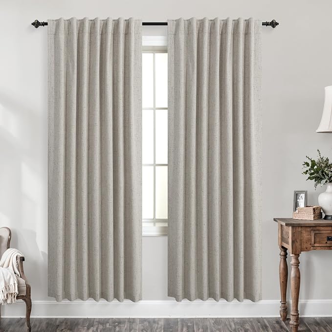 KOUFALL Taupe Back Tab Linen Blackout Curtains for Living Room 52x78 Inches Long