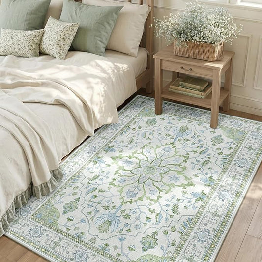 RELEANY Area Rugs 3'x5' Washable Non-Slip, Floral Vintage Distress Medallion Carpet for Living Room Bedroom Dining Room, Green White Blue